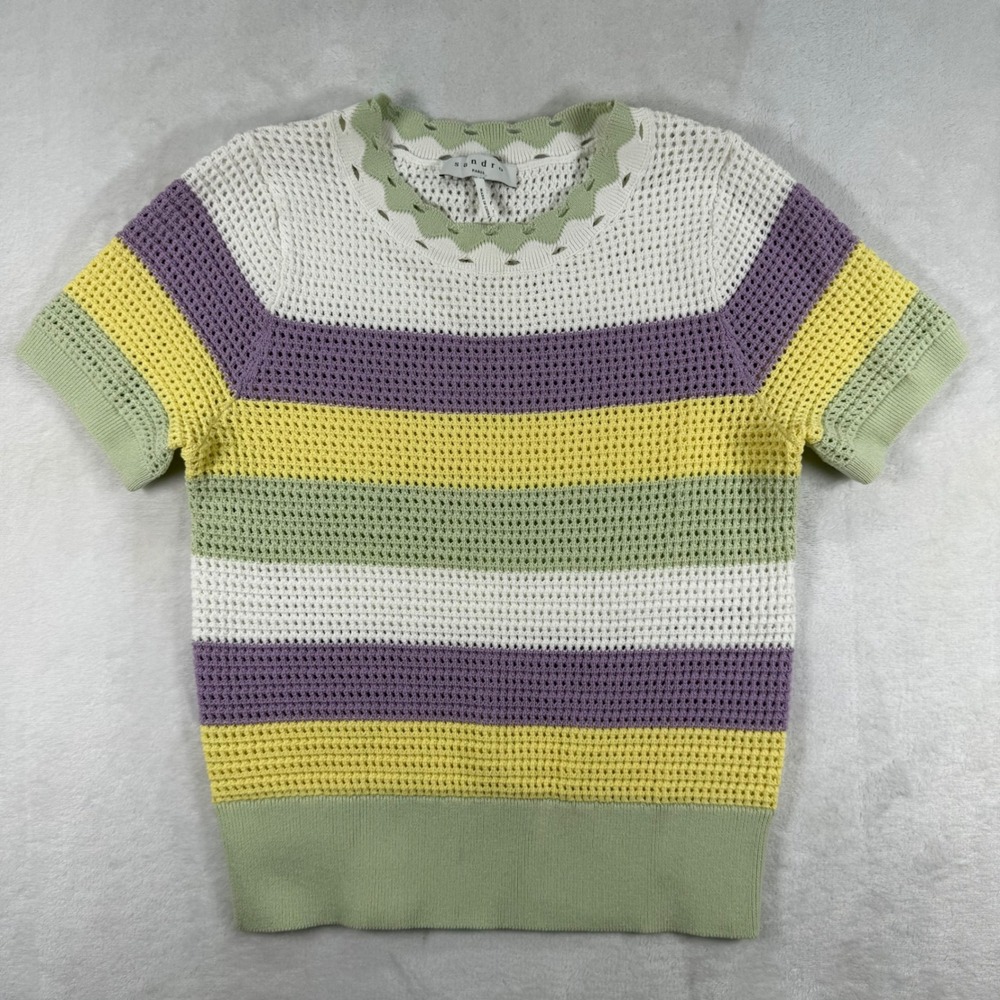 Sandro Paris Striped Knit Top Crochet Short Sleeve Tee Pastel Size XS